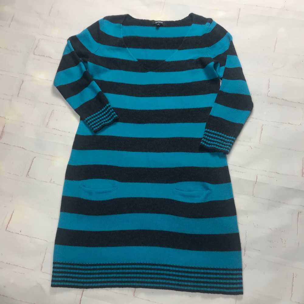 EXPRESS: Womens Striped Blue and Black Sweater Dress Sz- medium